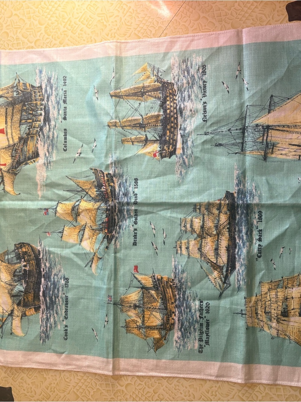 Vintage Nautical Ships Tea Towel - Sea Blue & Gold